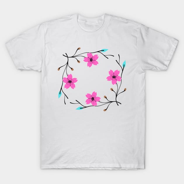 pink blue flower leaves illustration T-Shirt by Artistic_st